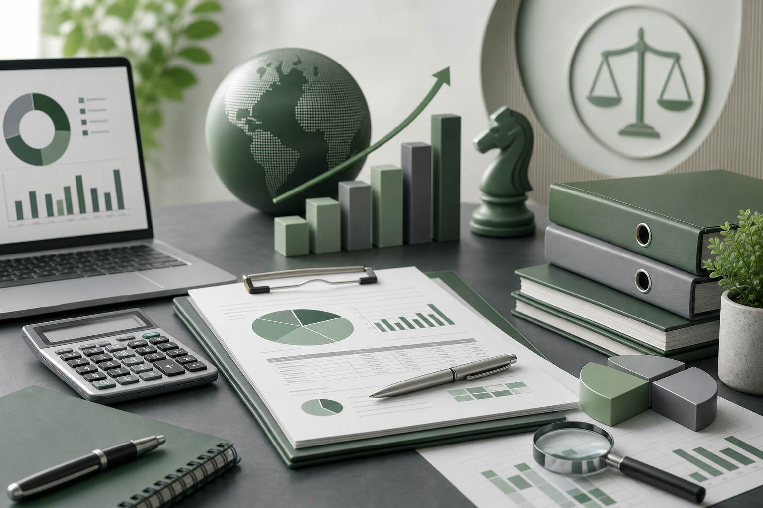An abstract representation of smart tax planning, showcasing organized financial documents and tools in green and gray hues.