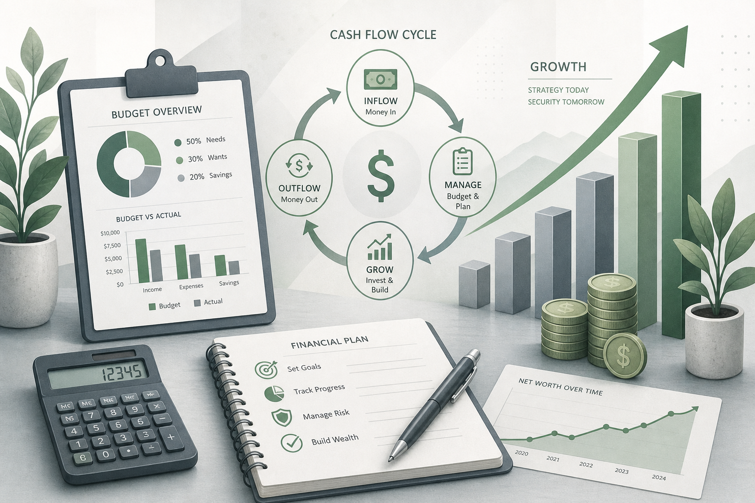 Abstract graphic representing strategic financial planning with elements like charts and financial documents in hues of green and gray.