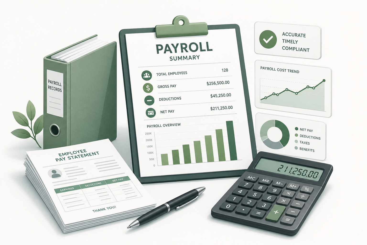 An illustration depicting payroll management with organized documents, a calculator, and graphs in green and gray hues.