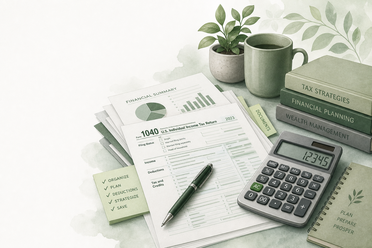 Illustration of organized financial documents and a calculator in hues of green and gray.