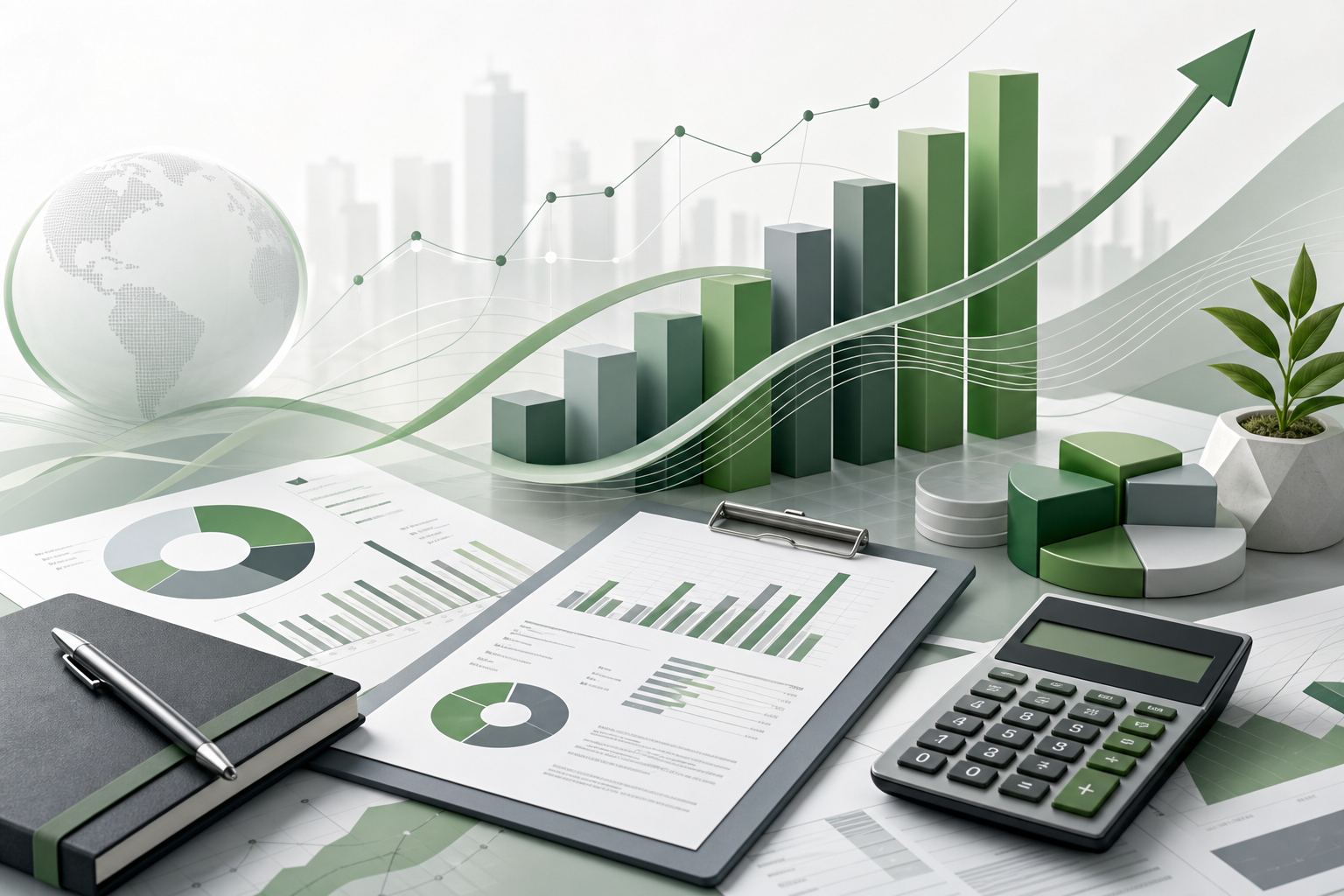 Abstract representation of strategic financial planning with graphs and documents in green and gray hues.